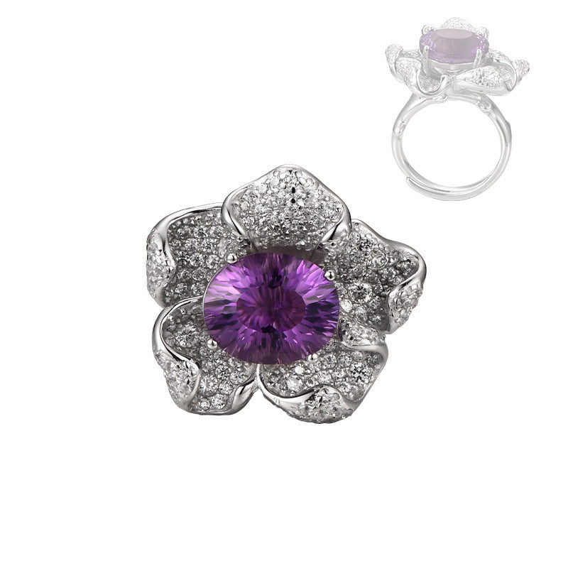 925 Sterling Silver Amethyst Flower Ring - Vintage Design