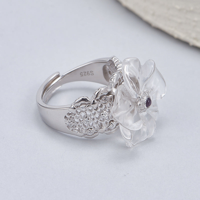 Hollow Lace Crystal Flower Ring - 925 Silver Temperament - Versatile High-End Design