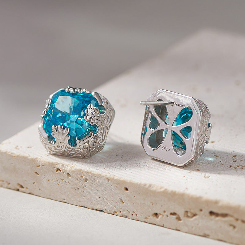 925 Sterling Silver French Vintage Aquamarine Square Stud Earrings