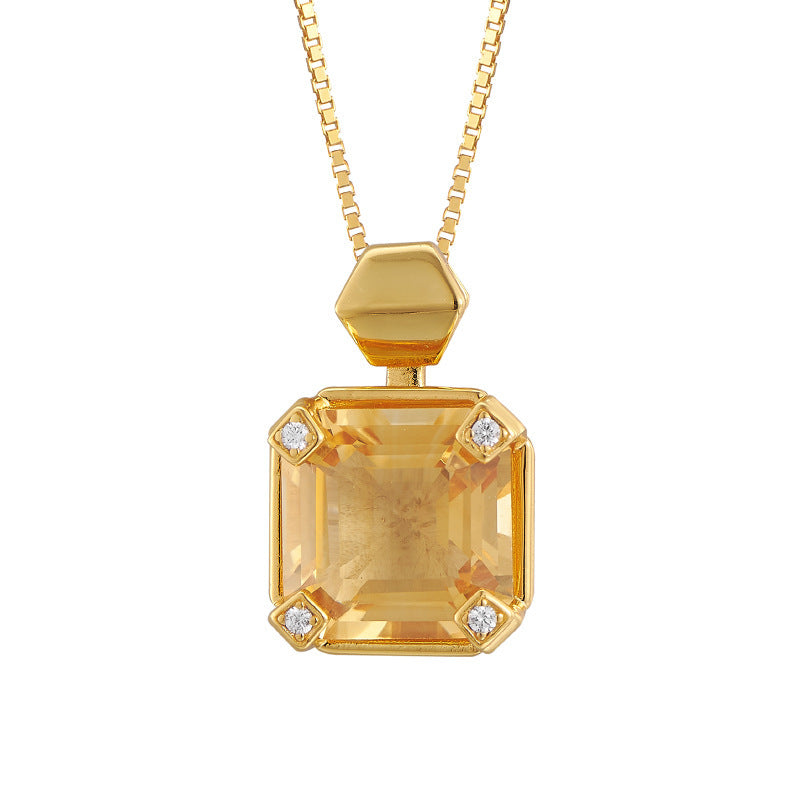 S925 silver simple and fashionable sugar cube citrine pendant light luxury niche design geometric collarbone necklace