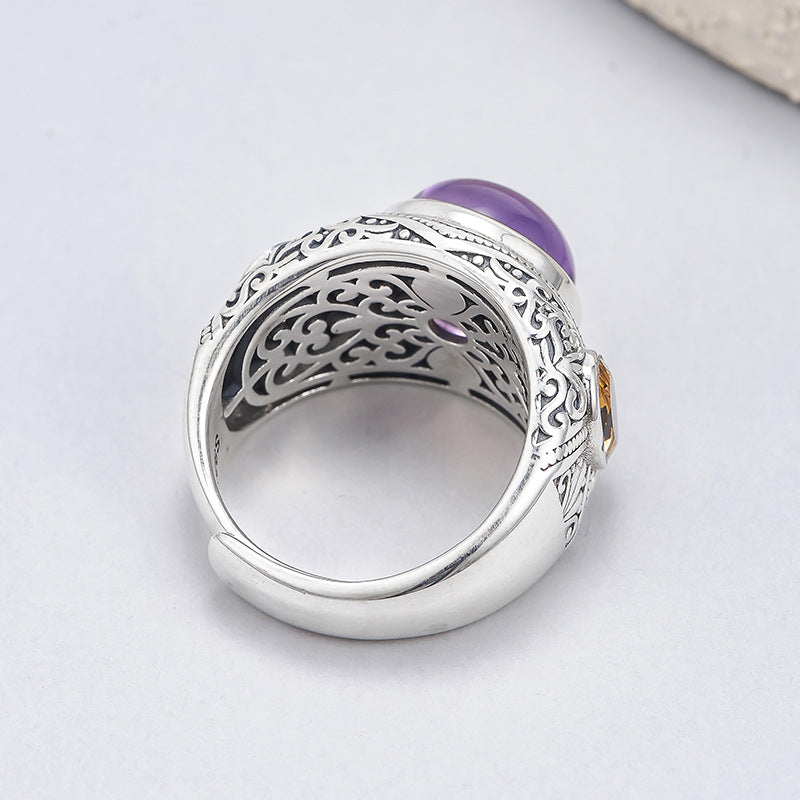925 Silver Amethyst Adjustable Ring - Floral Vintage Design