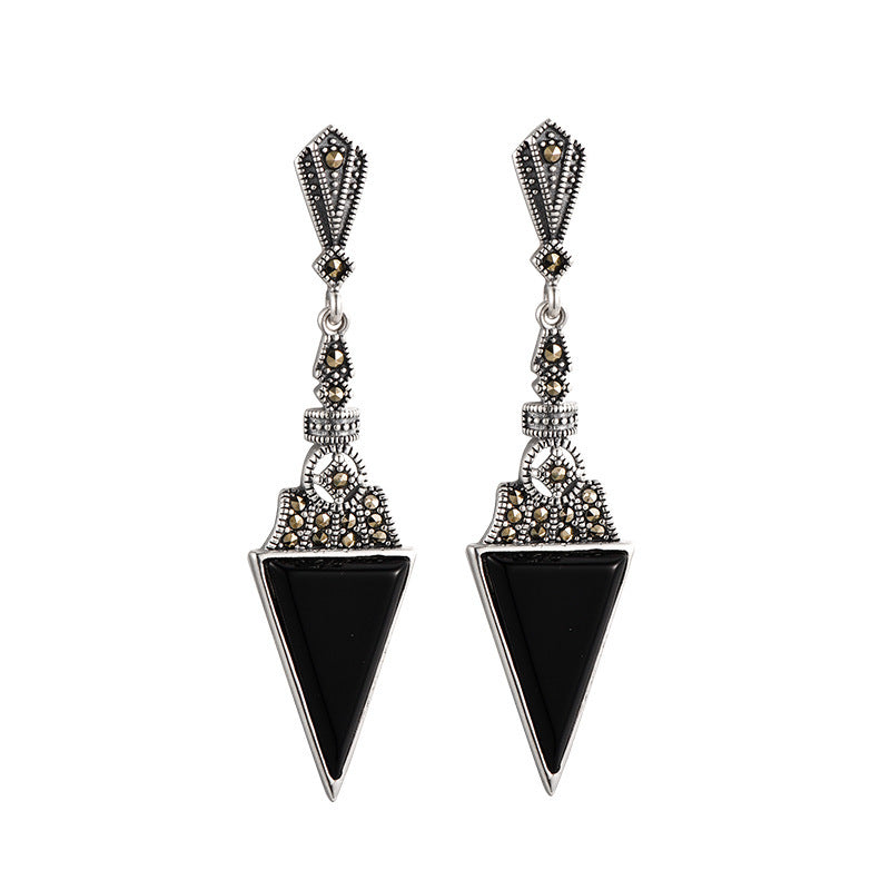 Statement Diamond-Shaped Earrings - 925 Sterling Silver with Black Onyx Triangle Accents