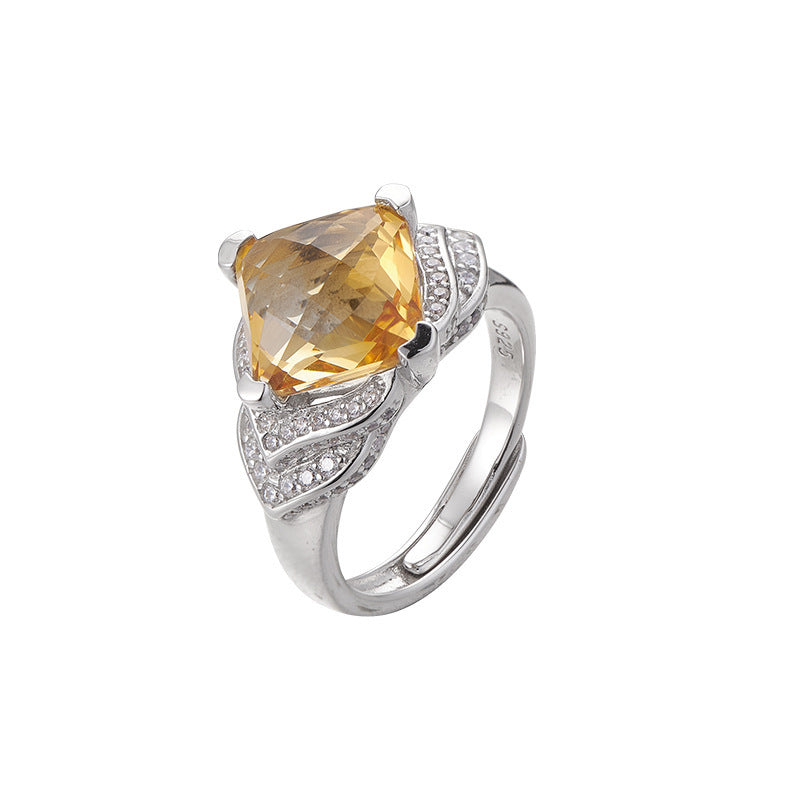 Diamond-Cut Citrine Geometric Ring - Bezel Set in a Fully Adorned 925 Silver Adjustable Band