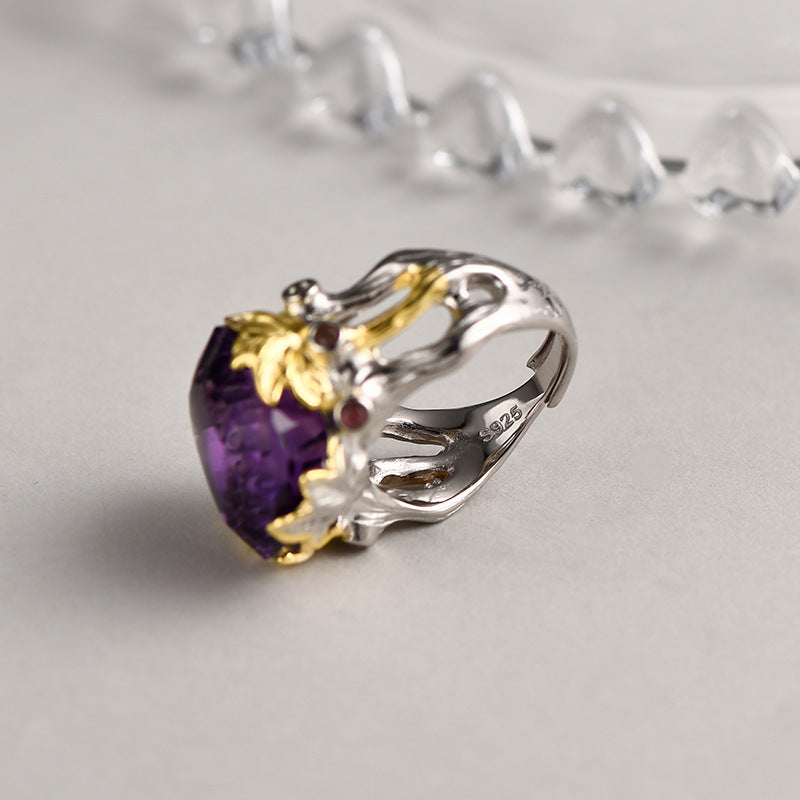 Retro Court Amethyst Ring - 925 Silver Gold-Plated Weave - Heavy Industry Statement Ring