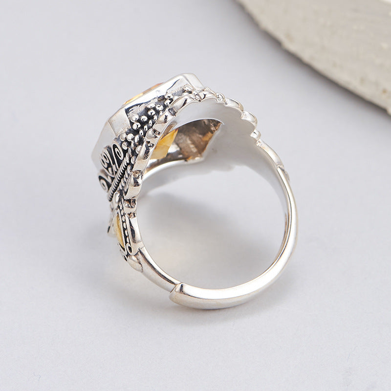 Retro Rhombus Citrine Ring - 925 Silver Copper Inlaid - Nepalese Niche Design