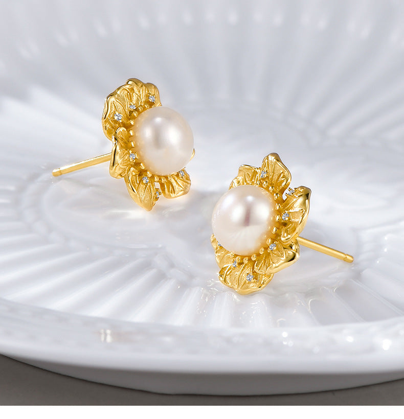 925 Sterling Silver Pearl Flower Stud Earrings - Vintage Design