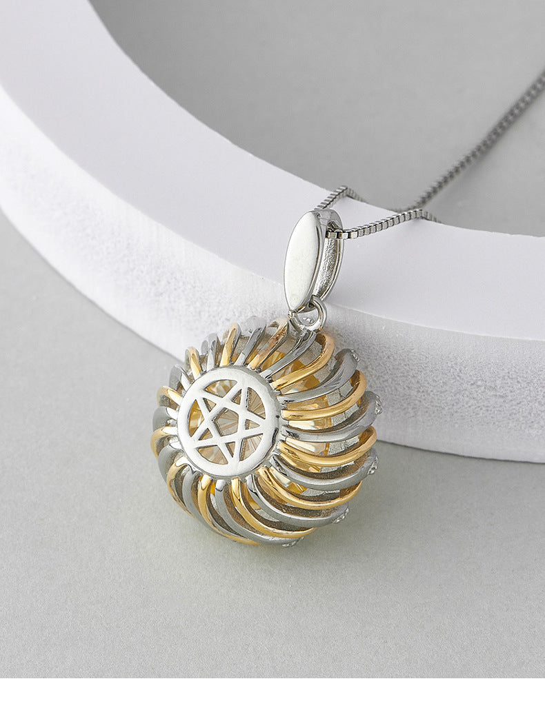 Two-Tone Floral Bud Pendant - 925 Sterling Silver with Yellow Gemstone & Pavé Crystals