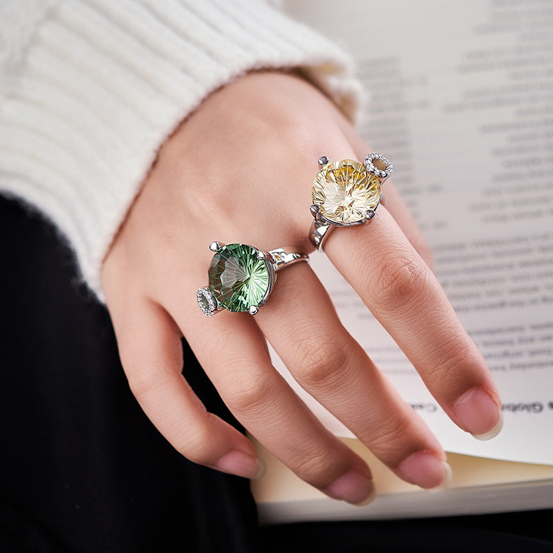 S925 silver light luxury niche design cutting surface round green crystal open ring versatile woman