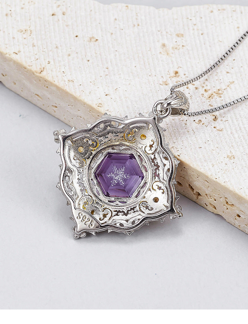 Rhombus Amethyst Pendant - 925 Silver Italian Retro Hollow Pattern - Court Style Necklace