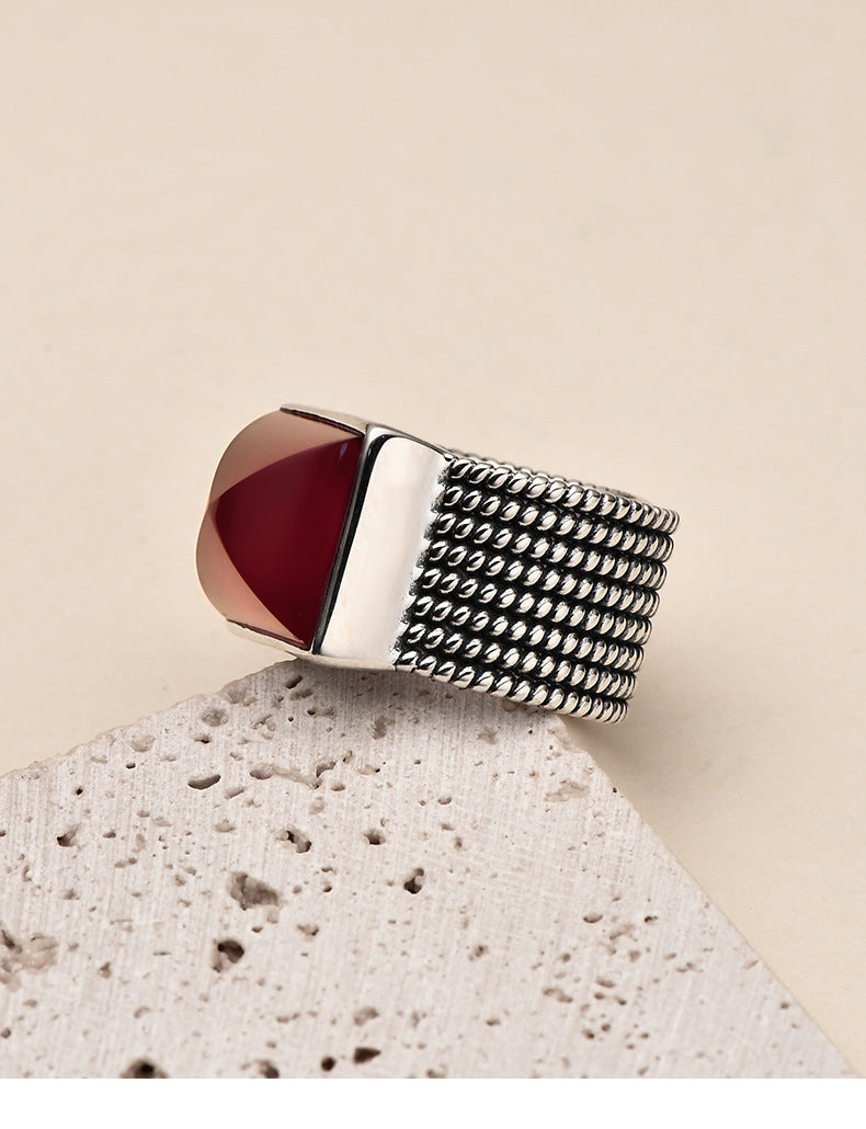 925 Sterling Silver Square Ruby Open Ring - Bold Vintage Design