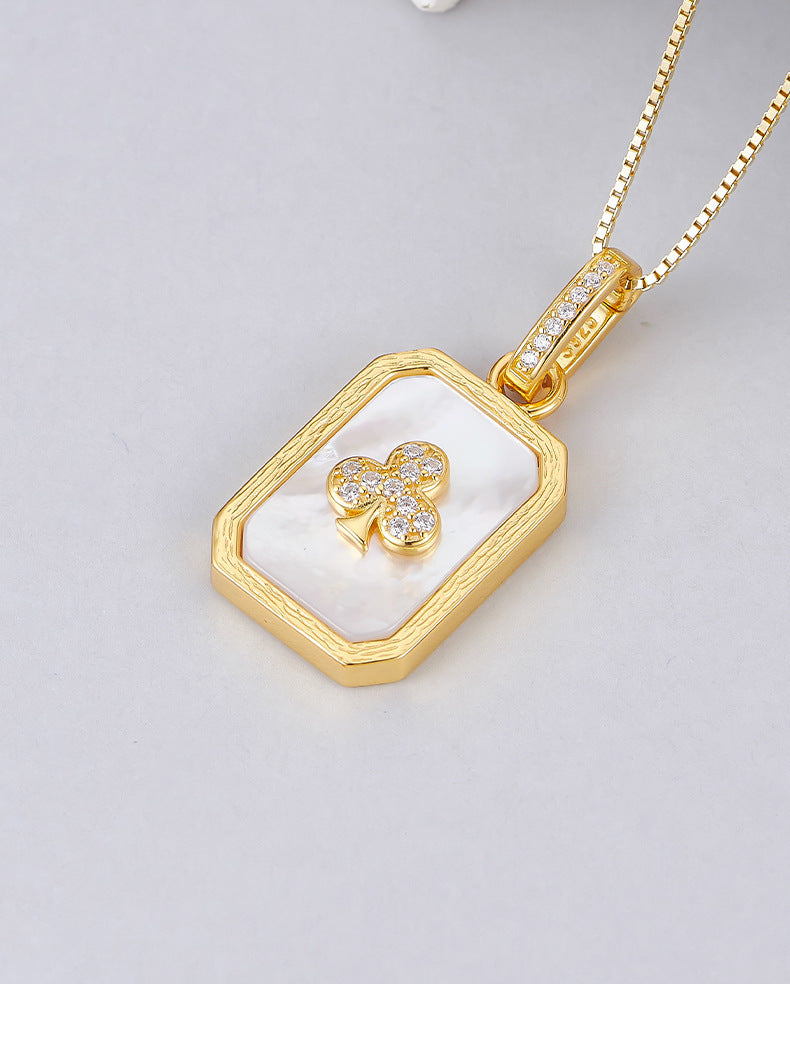 S925 silver-plated hemming inlaid shell pendant light luxury niche design playing card pendant collarbone necklace women
