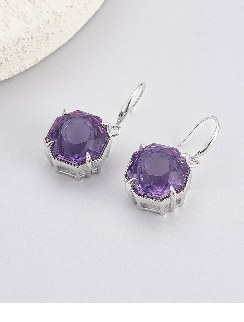 Hexagonal Amethyst Earrings - 925 Silver Geometric Ear Hooks - Light Luxury Design