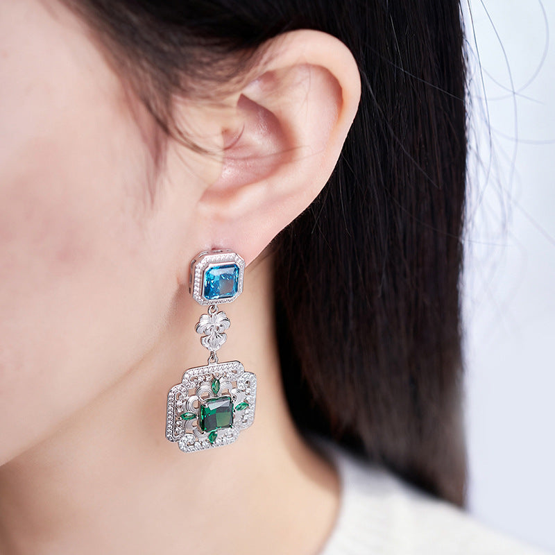 S925 silver long stud earrings retro synthetic emerald geometric high-end temperament earrings