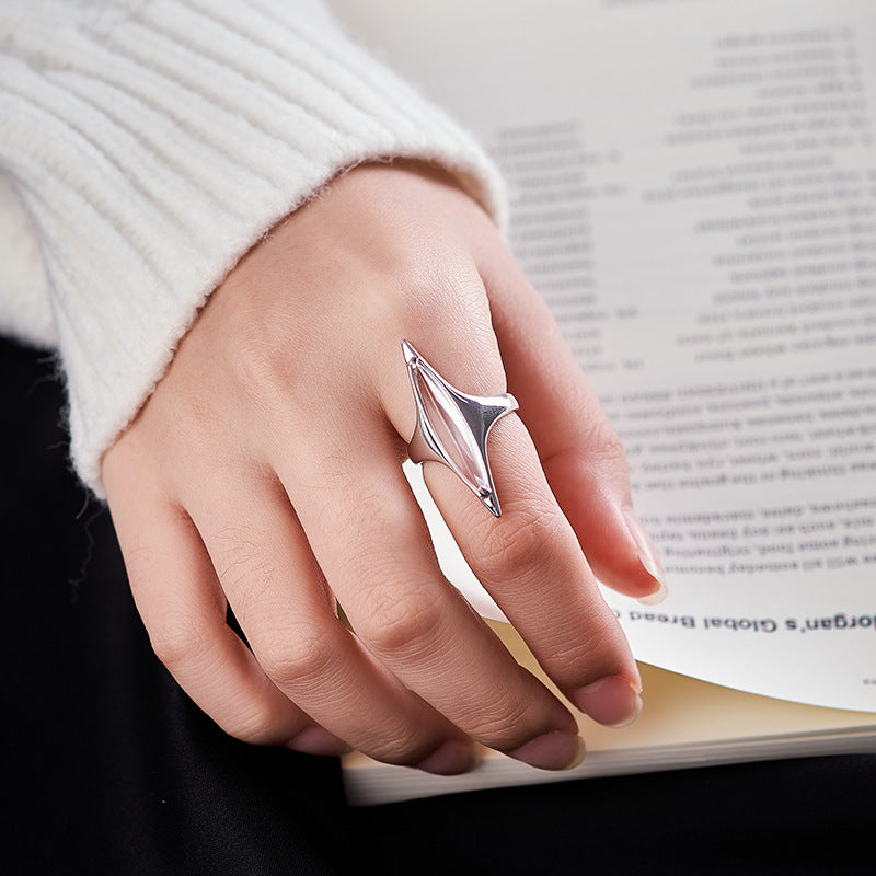 S925 Silver Cold Wind Premium White Crystal Geometric Ring Neutral Wind Cone Open Index Finger Ring
