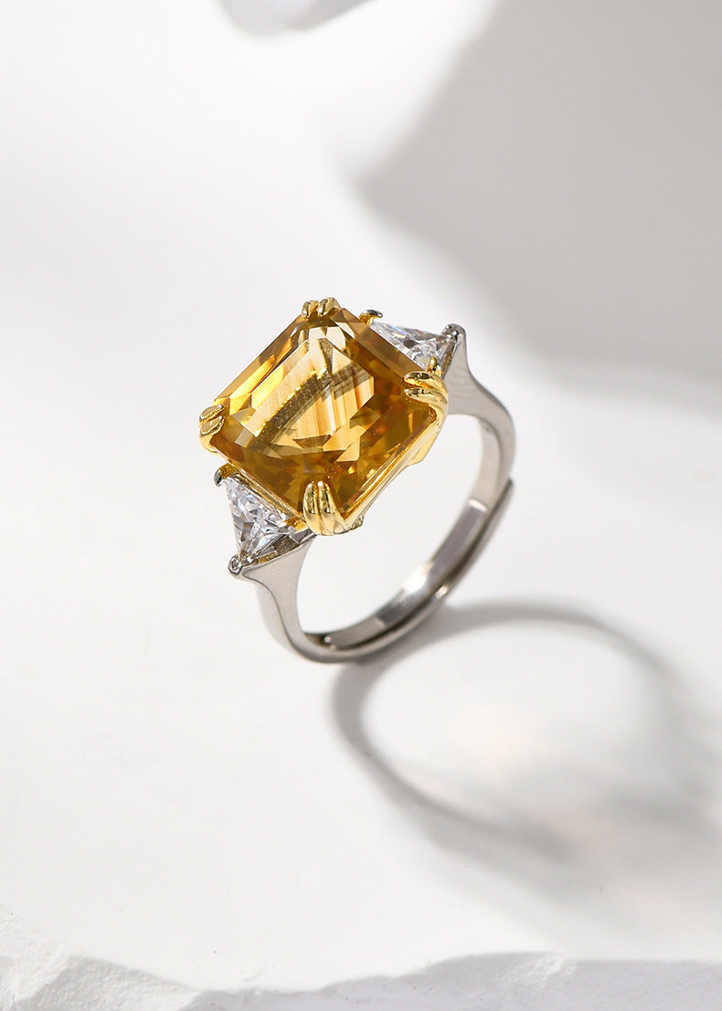 Sugar Cube Citrine Ring - 925 Silver Cut Diamond - Light Luxury Opening Ring