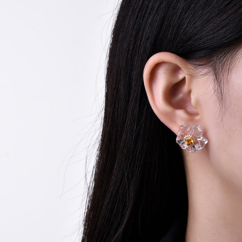 3D Flower Crystal Stud Earrings - 925 Silver Camellia Design - Citrine Accents