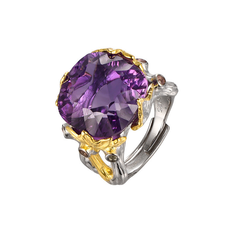 Retro Court Amethyst Ring - 925 Silver Gold-Plated Weave - Heavy Industry Statement Ring