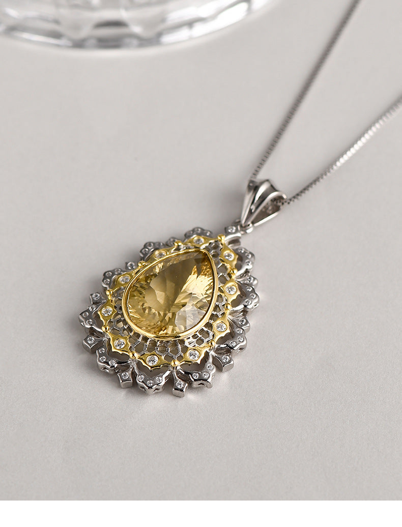 925 Sterling Silver Italian Lace Citrine Teardrop Pendant Necklace - Vintage Court Style