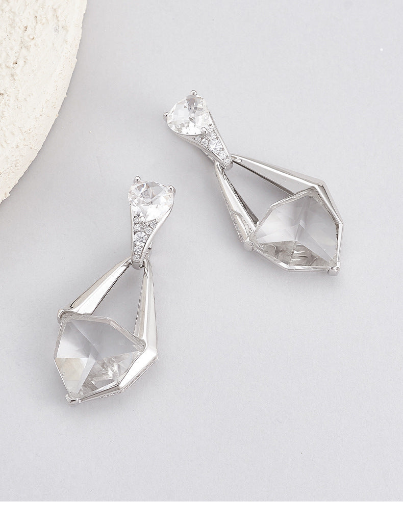 925 Sterling Silver Faceted White Crystal Geometric Dangle Earrings