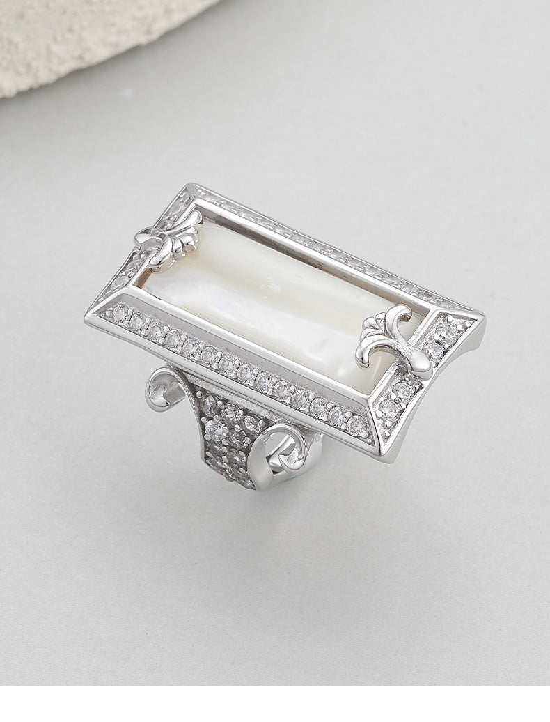 925 Sterling Silver White Shell Rectangular Ring with Crystals