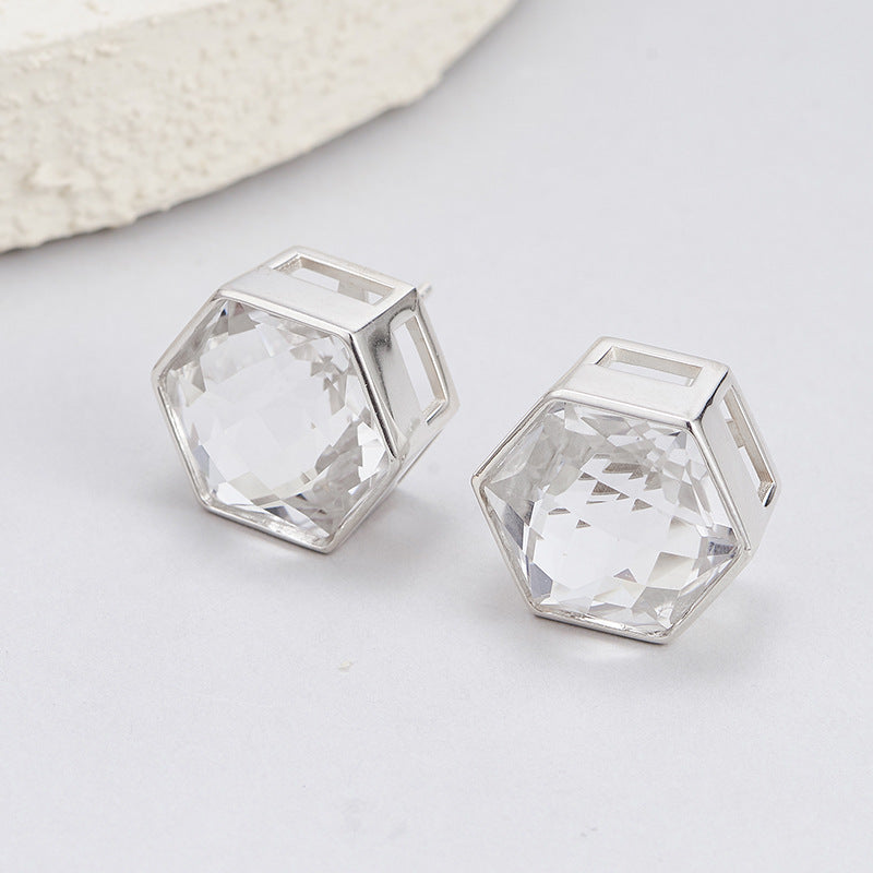 S925 silver rhombus white crystal heavy industry open ring design sense versatile temperament geometric stud earrings jewelry