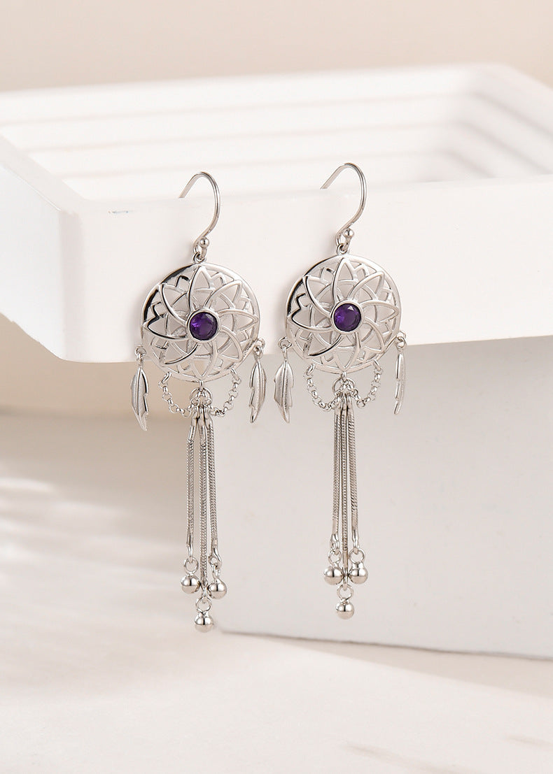 925 Sterling Silver Dreamcatcher Tassel Dangle Earrings - Bohemian Design