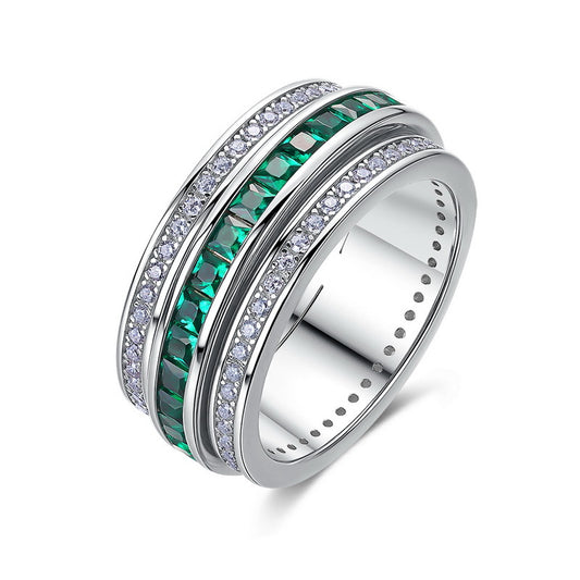 S925 Sterling Silver Rotatable Cultivated Emerald Ring Gold Plated