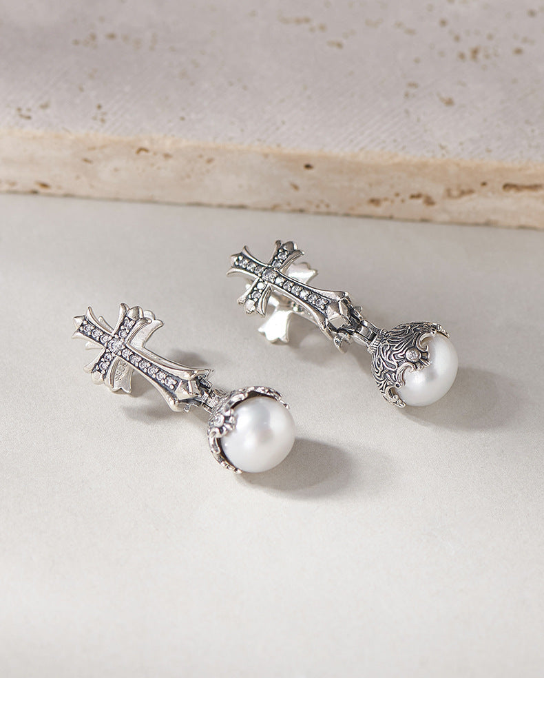 Vintage Inspired Pearl Cross Earrings - Sterling Silver Arabesque Detail - Unisex Clip-On Elegance