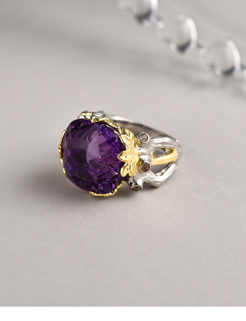 Retro Court Amethyst Ring - 925 Silver Gold-Plated Weave - Heavy Industry Statement Ring