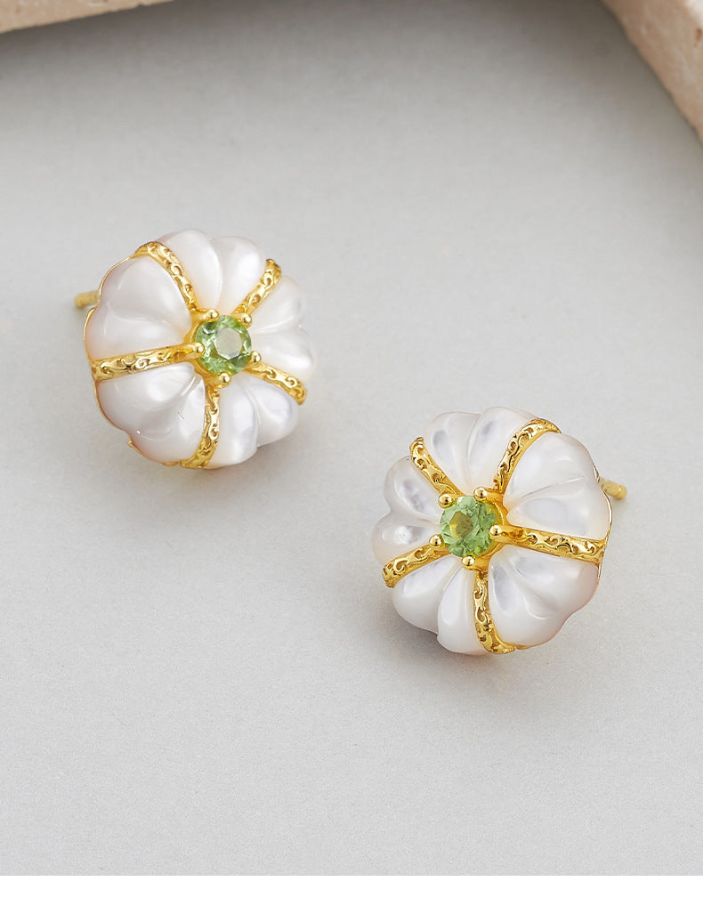 925 Sterling Silver White Shell Peridot Flower Stud Earrings - French Vintage