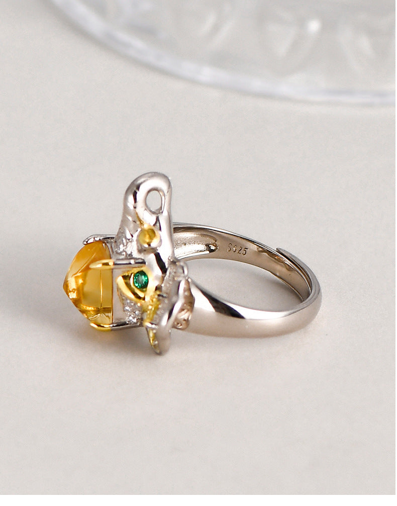 Elephant Citrine Ring - 925 Sterling Silver Adjustable Band with Micro-Pavé Detail