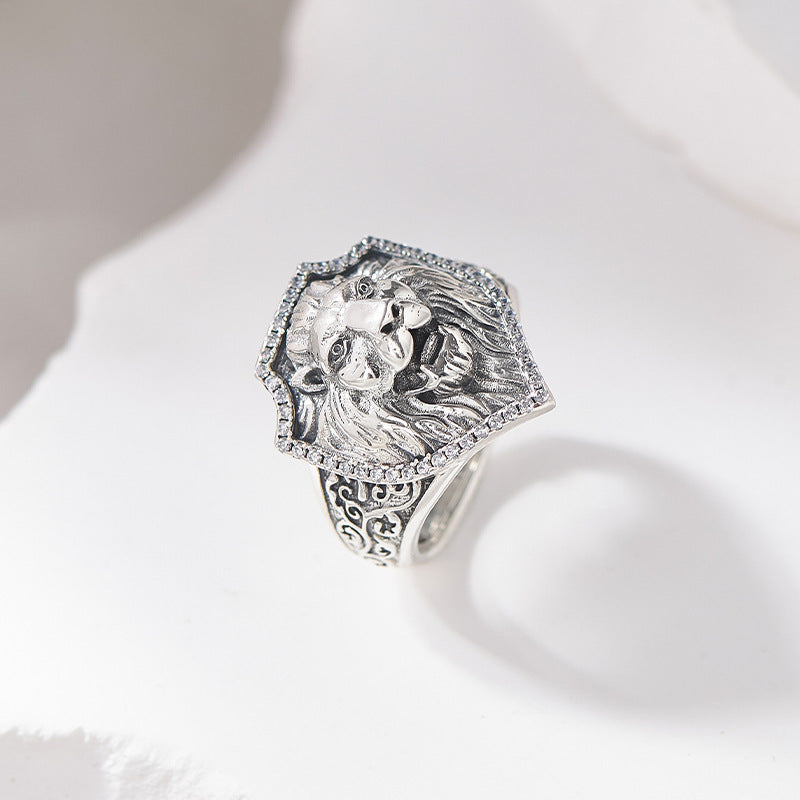 Lion Head Signet Ring - Arabesque Sterling Silver Statement Ring - Adjustable & Bold