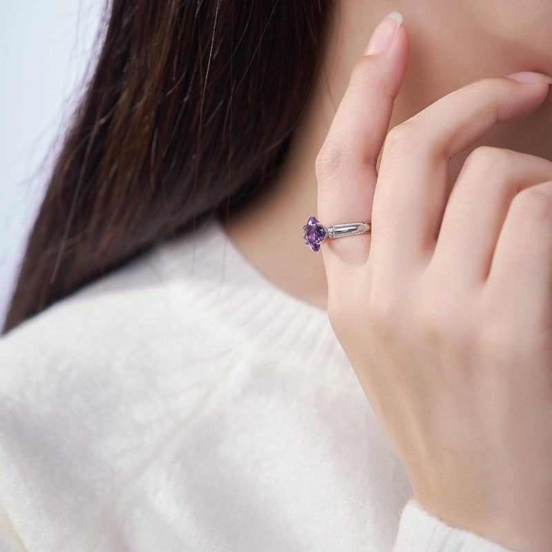 S925 silver natural amethyst ring, high-end exquisite and versatile open index finger ring women's jewelry gift