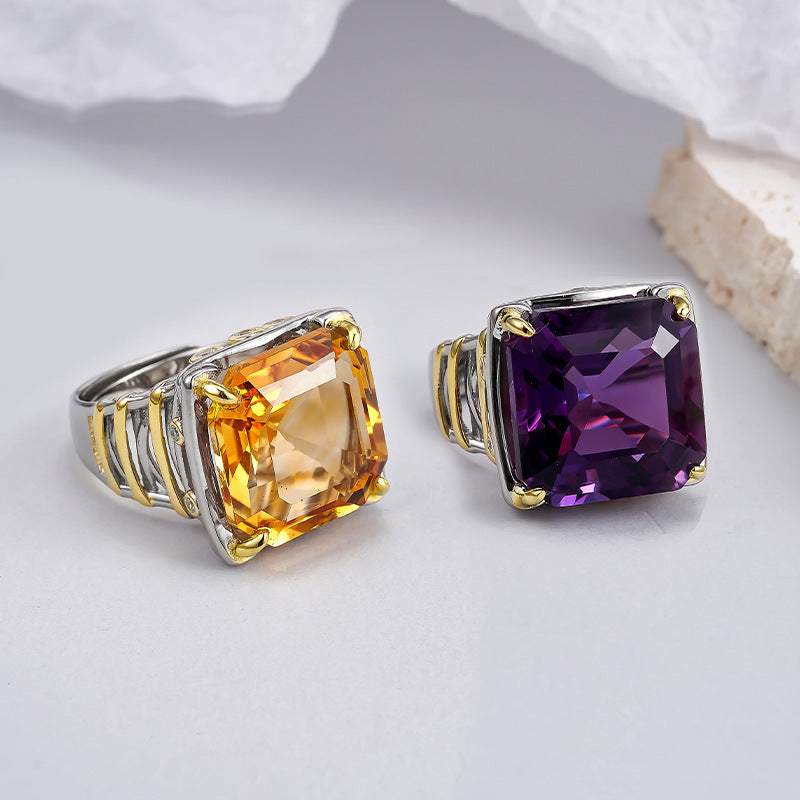 Square Citrine Ring - 925 Silver Italian Contrasting Color - Geometric Opening Ring