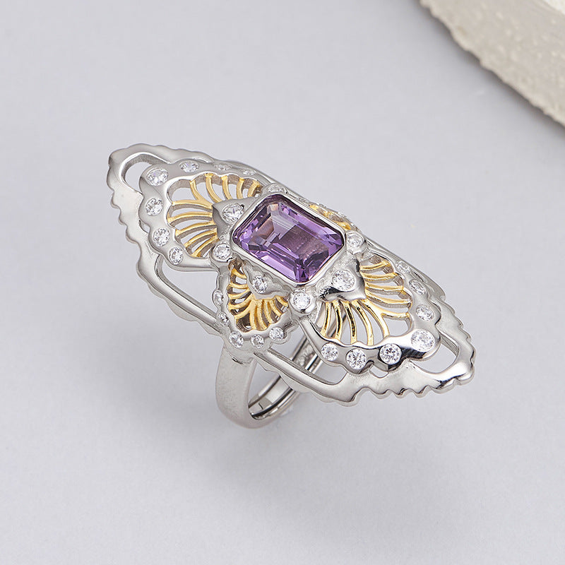 Vintage Amethyst Ring | 925 Sterling Silver | Hollow Court Style Adjustable Ring