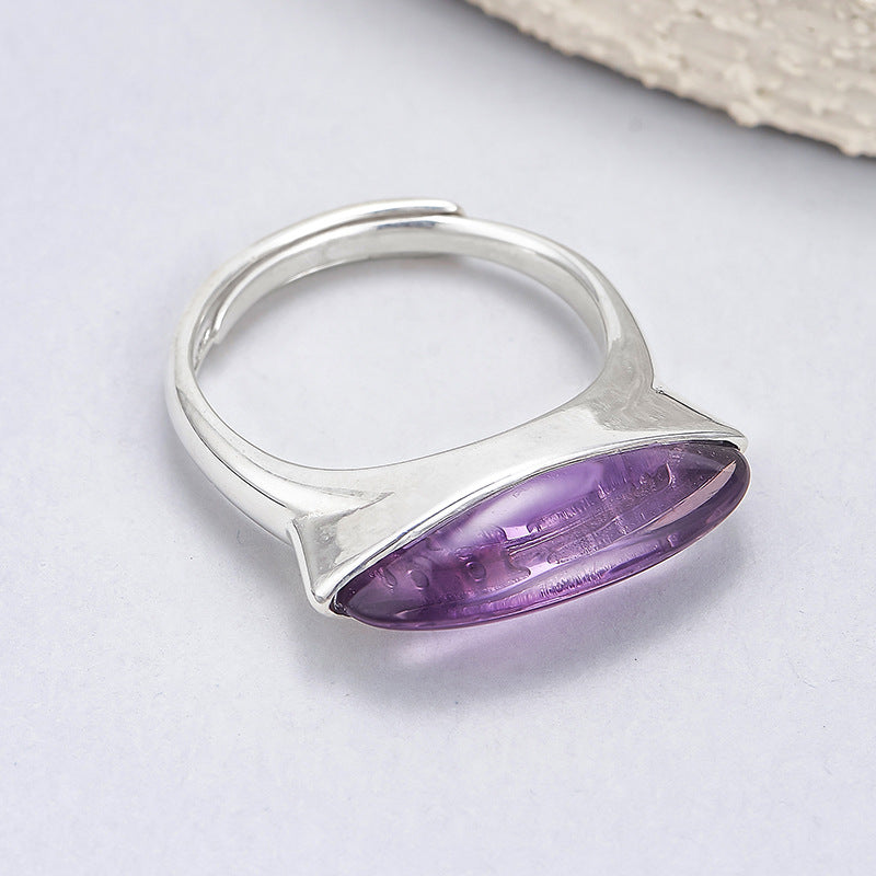 Minimalist Amethyst Marquise Ring - Adjustable Sterling Silver Band