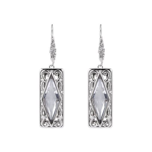925 Sterling Silver Diamond-Shaped White Crystal Earrings - Court Style