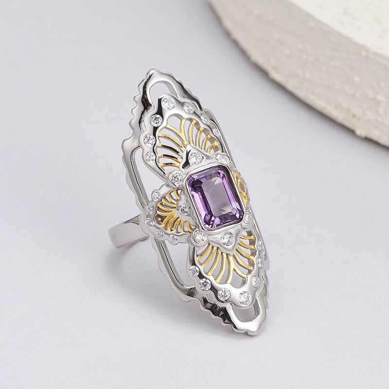 Vintage Amethyst Ring | 925 Sterling Silver | Hollow Court Style Adjustable Ring