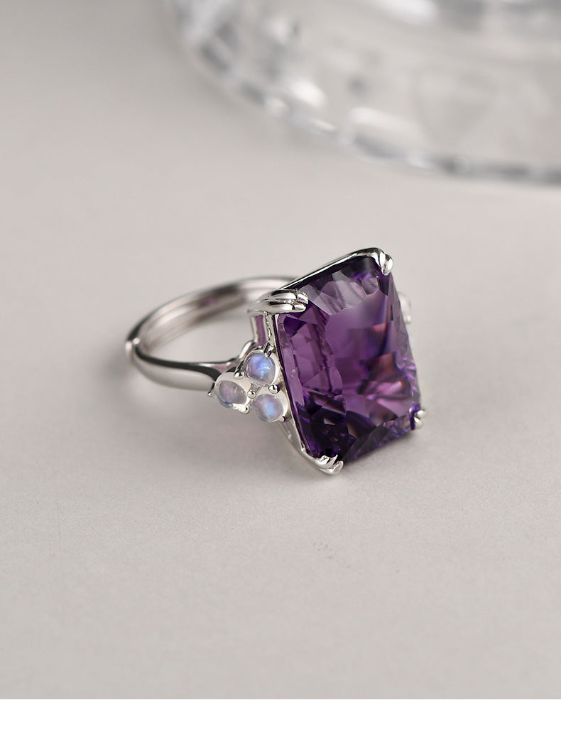925 Sterling Silver Square Faceted Amethyst Ring - Minimalist Design