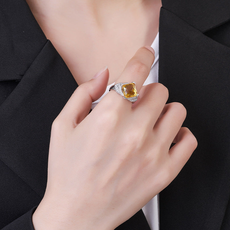 Diamond-Cut Citrine Geometric Ring - Bezel Set in a Fully Adorned 925 Silver Adjustable Band