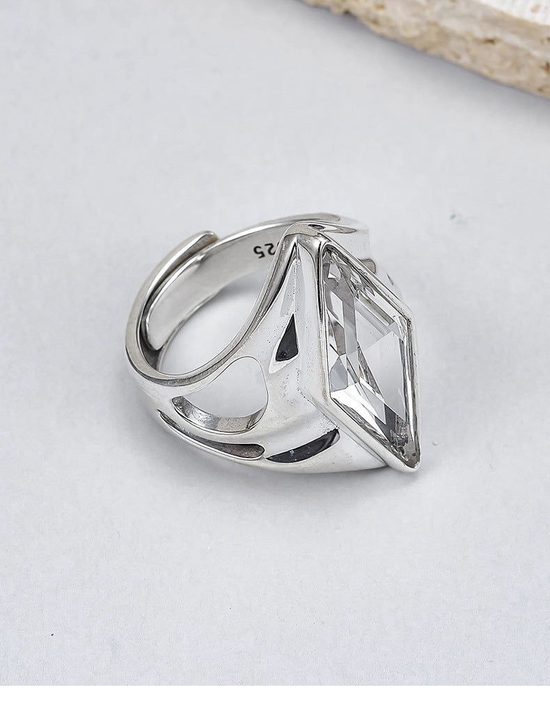 Minimalist Statement Ring - Adjustable Openwork 925 Silver with Quartz - A Modern Unisex Heirloom