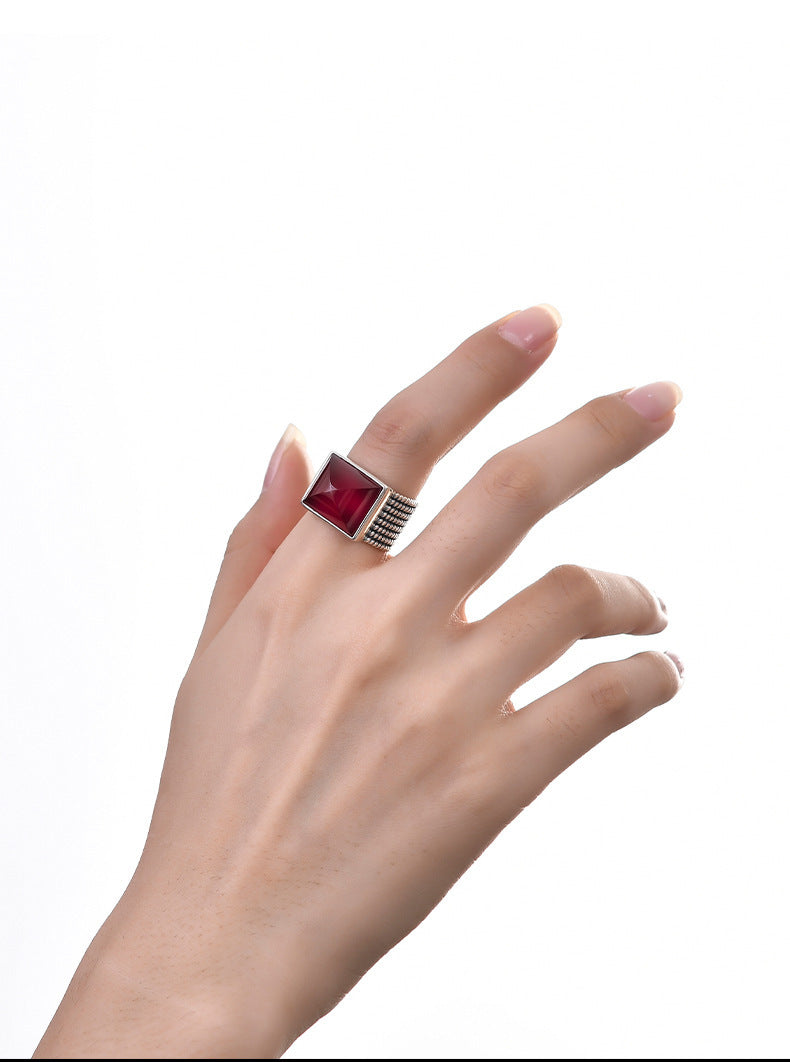 925 Sterling Silver Square Ruby Open Ring - Bold Vintage Design