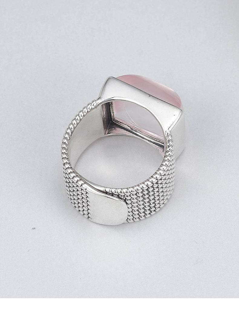 925 Sterling Silver Wide Pink Crystal Square Ring - Minimalist Unisex