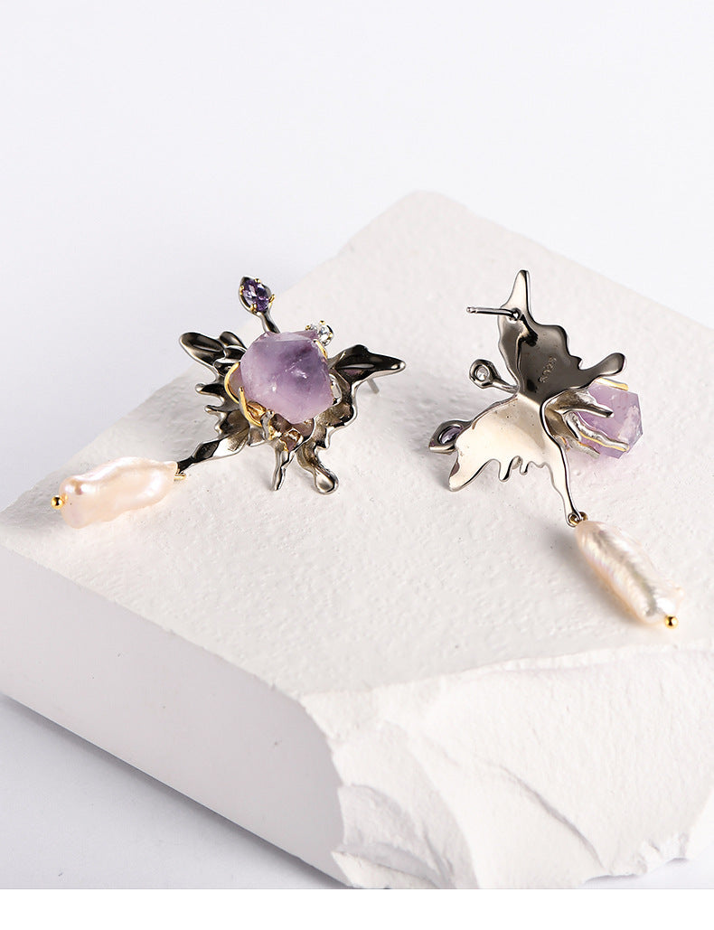 925 Sterling Silver Amethyst Stud Earrings - Baroque Vintage Design