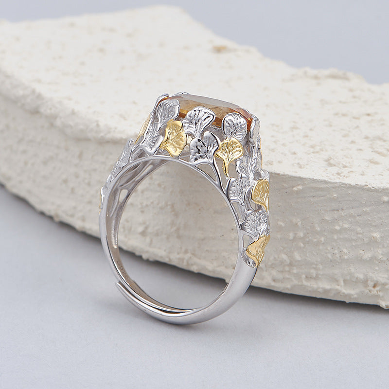 Ginkgo Leaf Citrine Ring | 925 Sterling Silver | Italian Craftsmanship