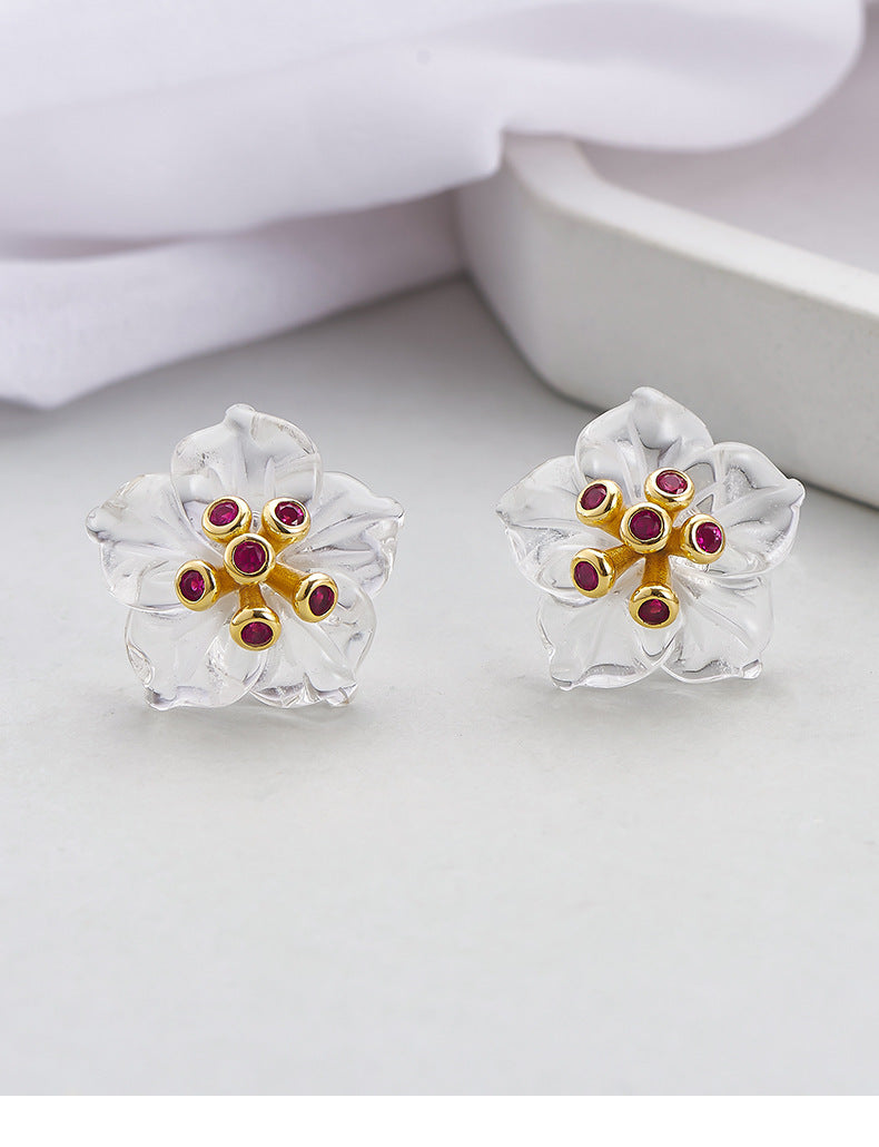 Floral White Quartz & Ruby Ring - 925 Sterling Silver Adjustable Band with Gemstone Accents