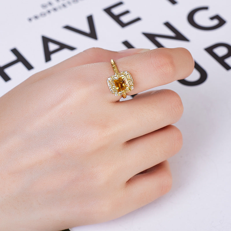 Square Citrine Ring - 925 Silver Super Flash - Niche Design Opening Index Finger Ring