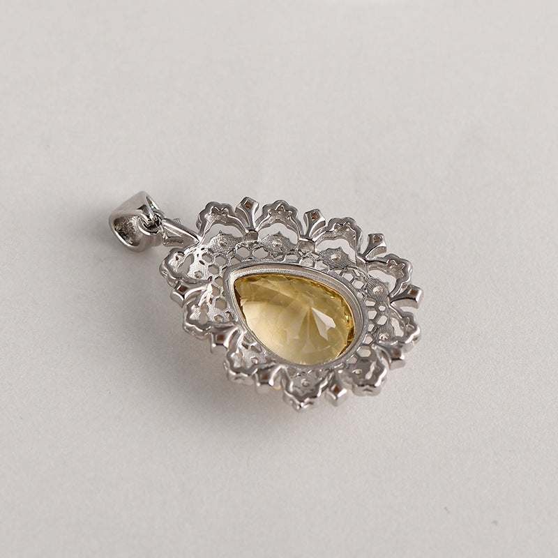 925 Sterling Silver Italian Lace Citrine Teardrop Pendant Necklace - Vintage Court Style