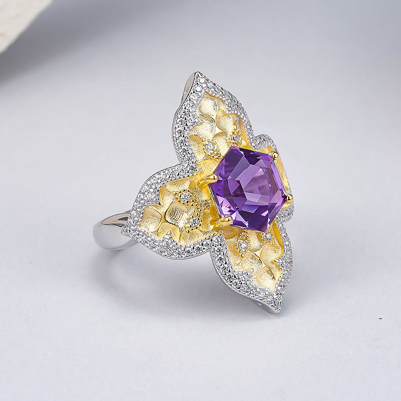 925 Sterling Silver Italian Faceted Amethyst Flower Open Ring