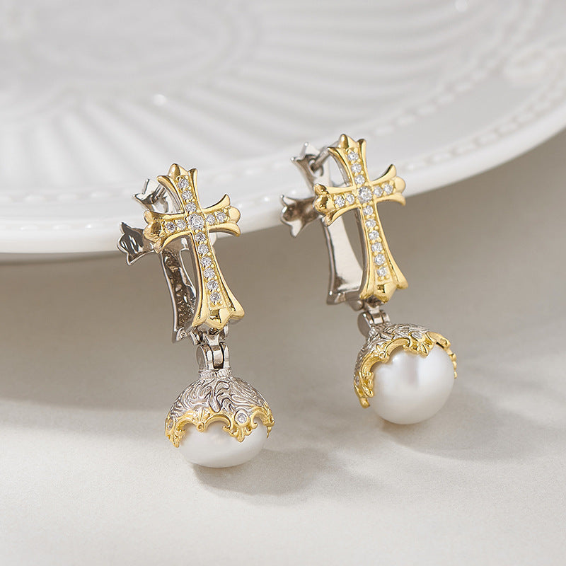 Vintage Inspired Pearl Cross Earrings - Sterling Silver Arabesque Detail - Unisex Clip-On Elegance